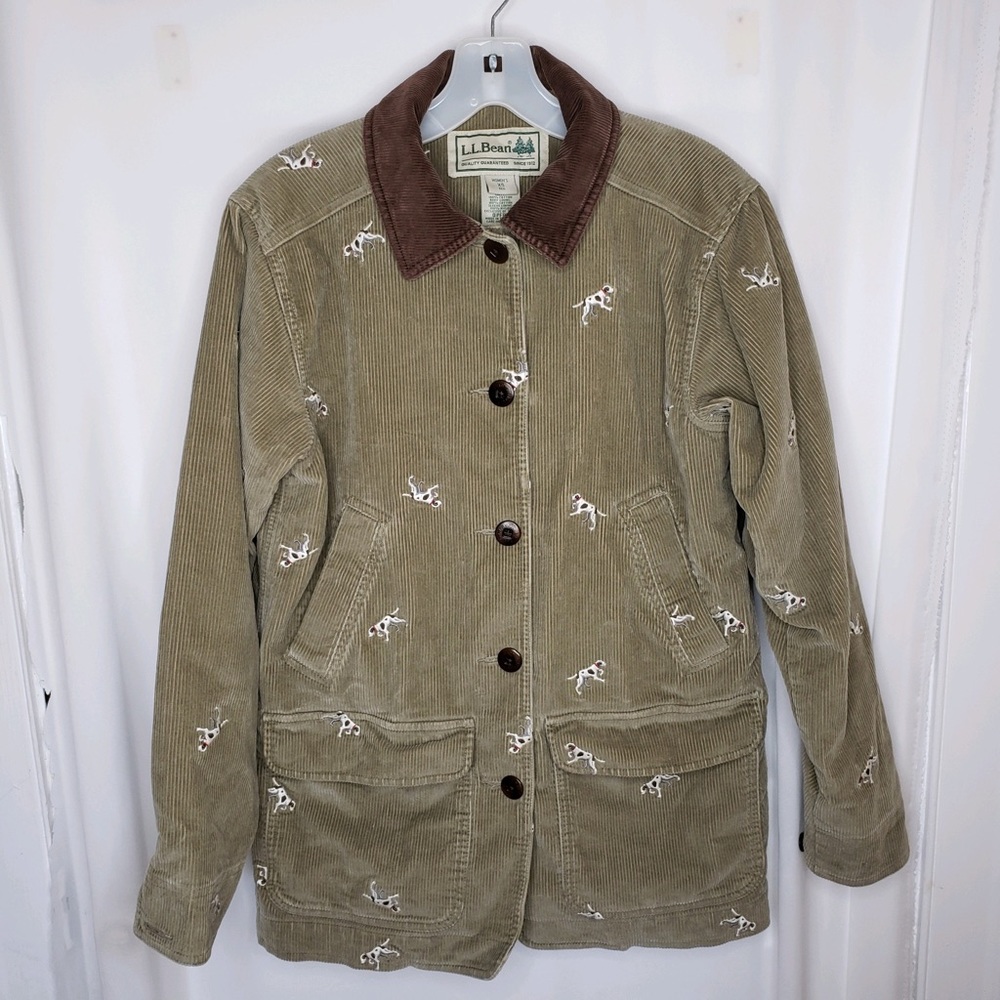 Vintage 1990’s LL Bean Taupe Corduroy Embroidered Pointer Dog Jacket Coat Sz XS